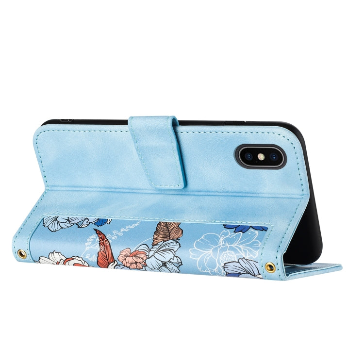 Funda de Cuero para iPhone Xs/X Estampado Floral y Cordón (Azul Claro)
