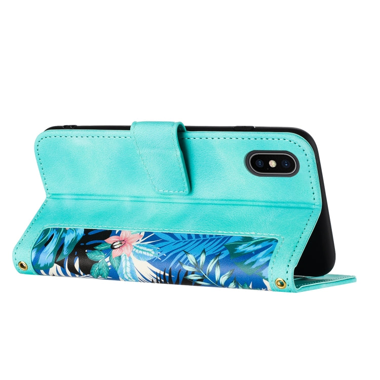 Funda de Cuero para iPhone Xs/X con Estampado Floral y Cordón (Verde)