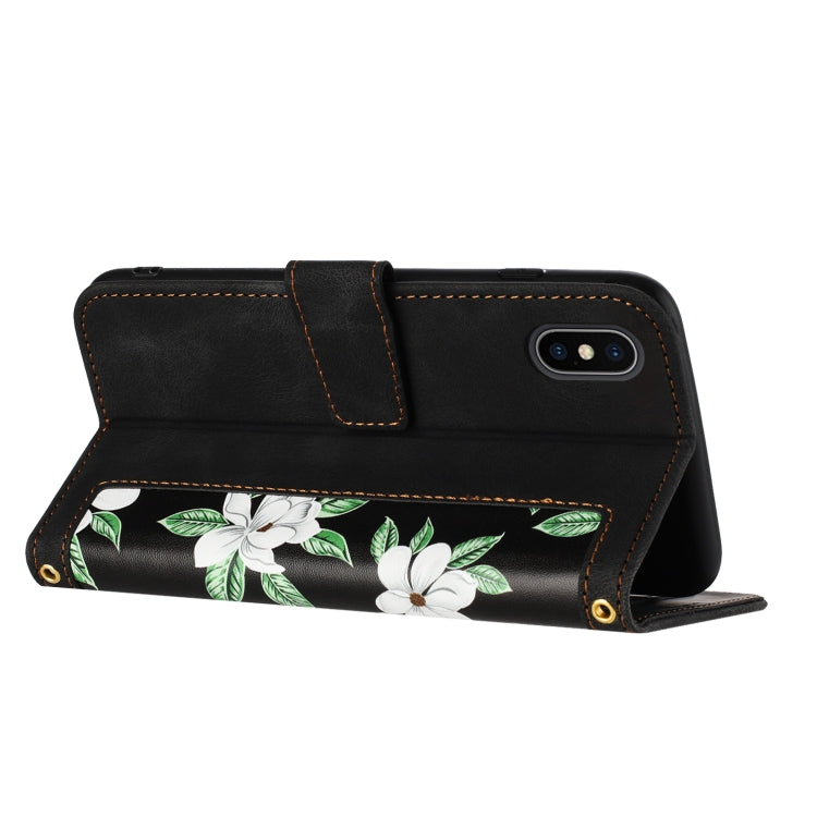 Funda de Cuero Estampado Floral con Cordón para iPhone Xs/X (Negro)