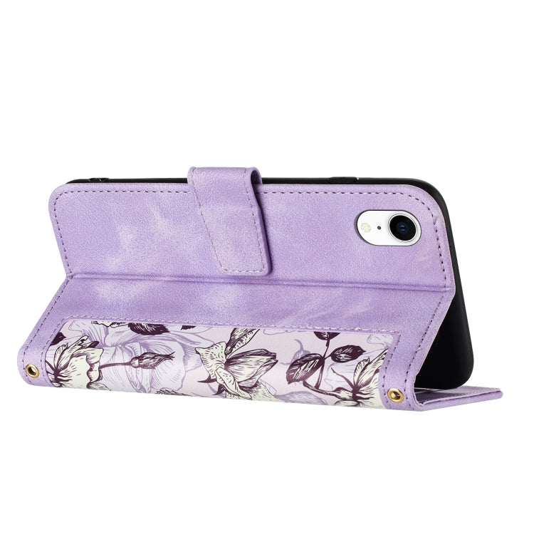 Funda de Cuero para iPhone Xr Estampado Floral con Cordón (Morado Claro)