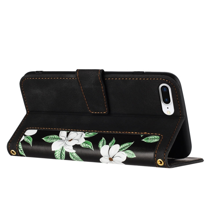 Funda de Cuero para iPhone 8 Plus/7 Plus con Estampado Floral y Cordón (Negro)