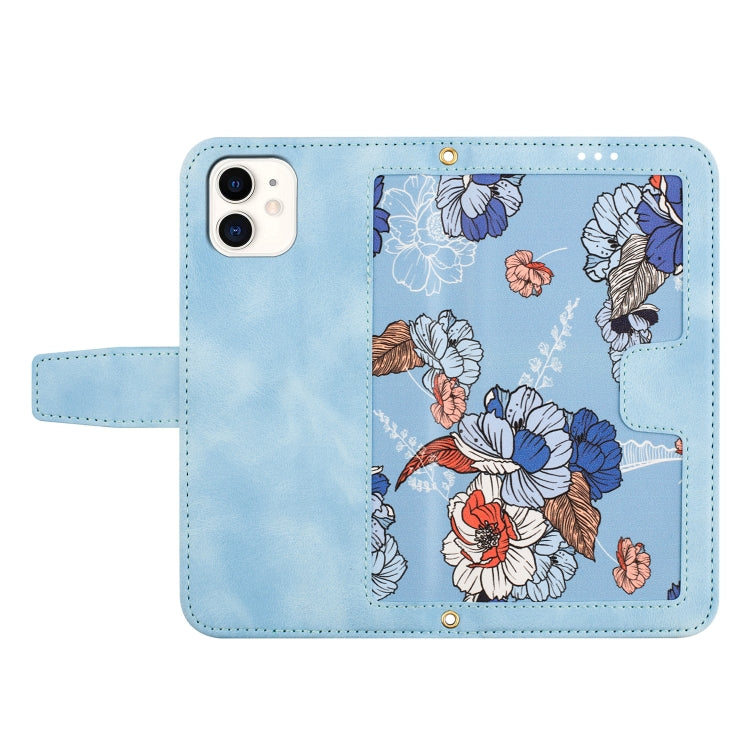 Funda de Cuero para iPhone 12 Mini con Estampado Floral y Cordón (Azul Claro)