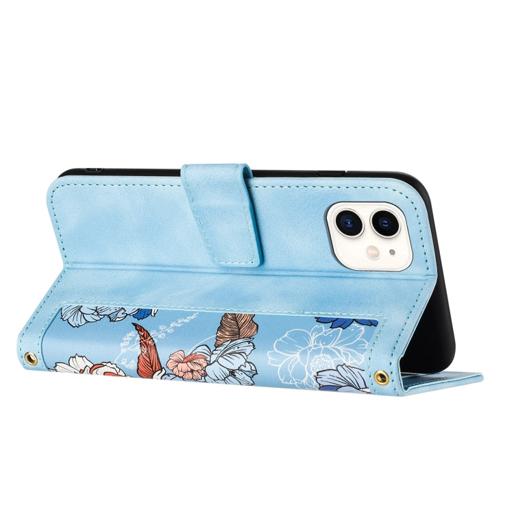 Funda de Cuero para iPhone 12 Mini con Estampado Floral y Cordón (Azul Claro)