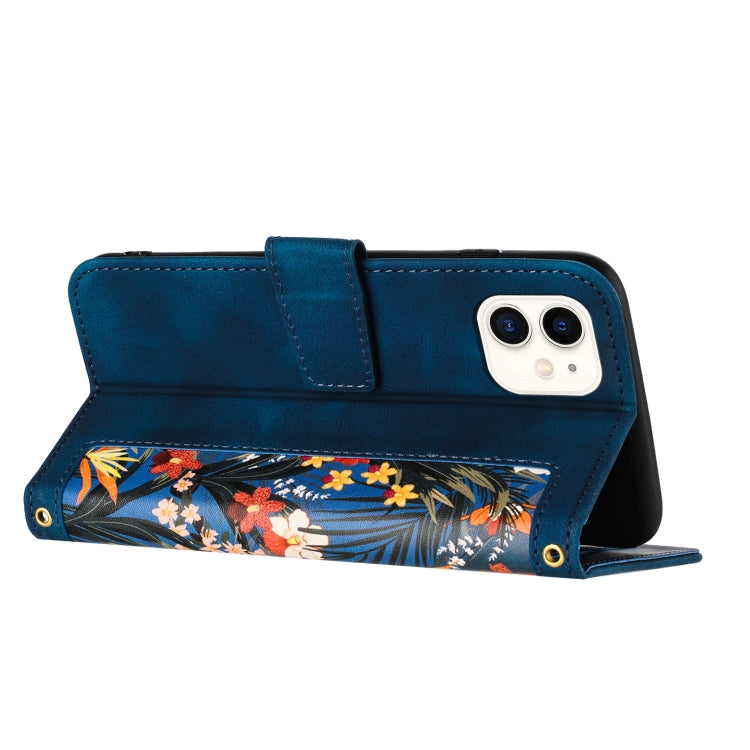 Funda de Cuero para iPhone 12 Mini con Estampado Floral y Cordón (Azul Oscuro)