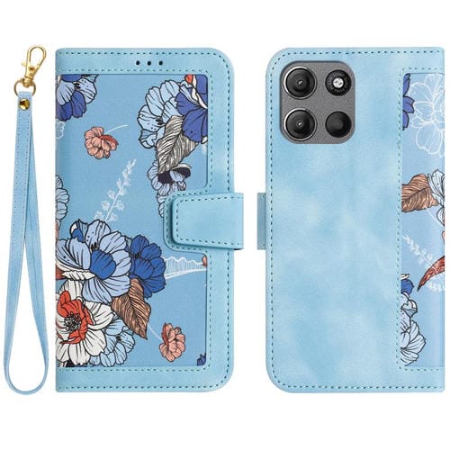 Funda de Cuero con Estampado Floral y Cordón para Motorola Moto G15 (Azul Claro)