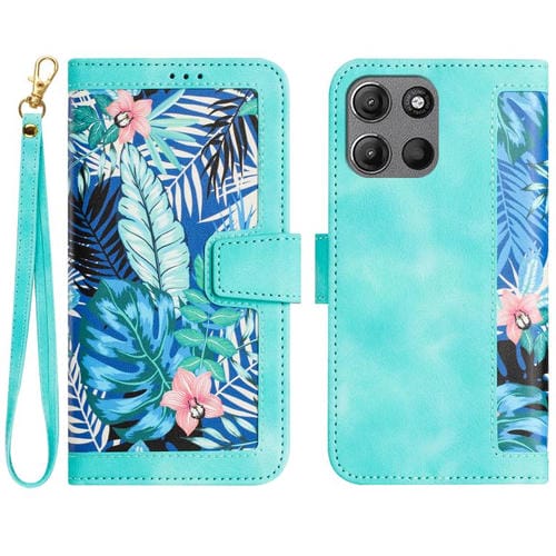Funda de Cuero con Estampado Floral y Cordón para Motorola Moto G15 (Verde)