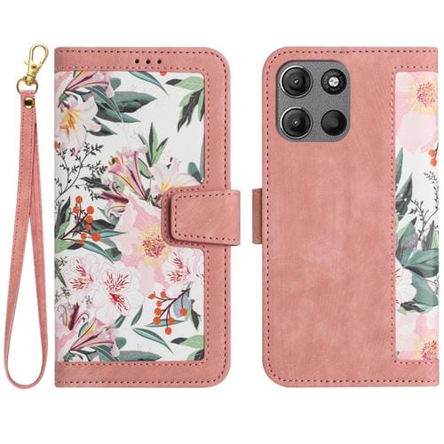 Funda de Cuero con Estampado Floral y Cordón para Motorola Moto G Play (2025) (Rosa)