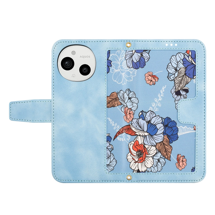 Funda de Cuero con Estampado Floral y Cordón para Sharp Aquos Sense9 (Azul Claro)