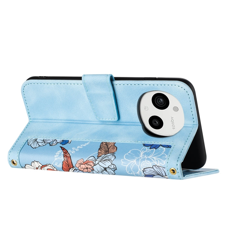 Funda de Cuero con Estampado Floral y Cordón para Sharp Aquos Sense9 (Azul Claro)