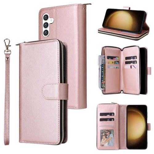 Funda cartera de cuero Samsung Galaxy S25+ 5G con cremallera y 9 ranuras para tarjetas (Oro Rosa)