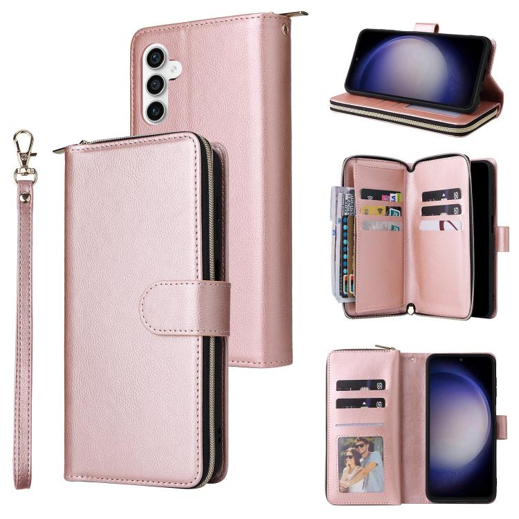 Funda de cuero con cremallera para Samsung Galaxy S25 FE 5G, 9 ranuras para tarjetas (oro rosa)