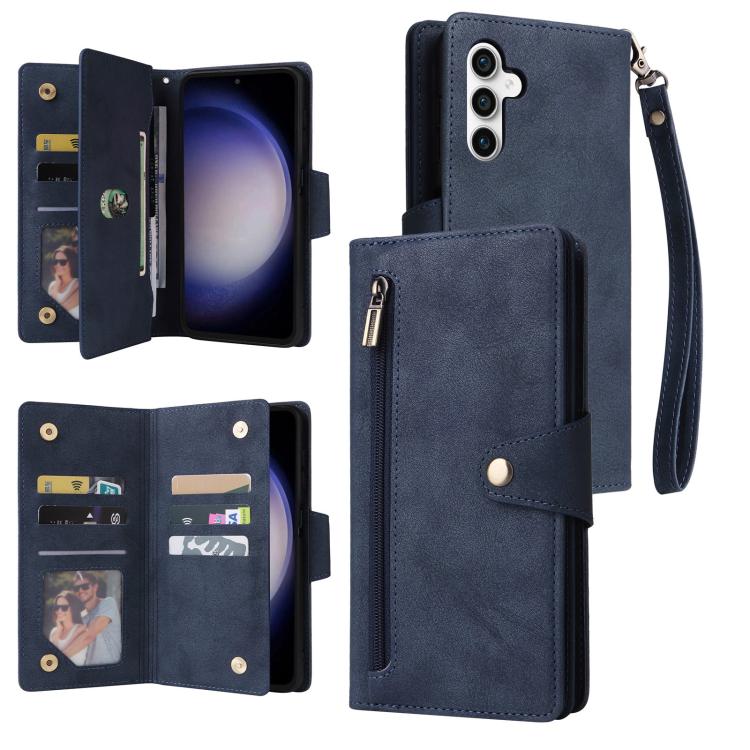 Funda de cuero con tres pliegues y hebilla de remache para Samsung Galaxy S25 FE 5G (azul)