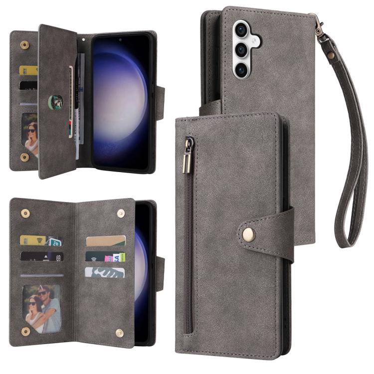 Funda de cuero con tres pliegues y hebilla de remache para Samsung Galaxy S25 FE 5G, 9 tarjetas (gris)