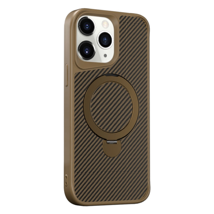 Funda para Teléfono con Soporte Magsafe 360 Textura de Fibra de Carbono para iPhone 11 Pro (Dorado del Desierto)