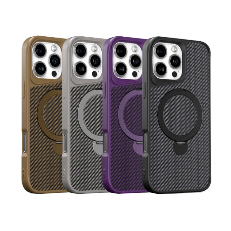 Funda para Teléfono Magsafe 360 con Soporte y Textura Fibra de Carbono para iPhone 14/13 (Gris Titanio)
