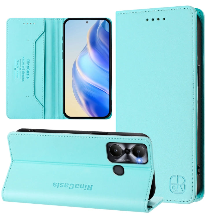 Funda de Cuero Rfid con Doble Pliegue y Succión Magnética para Infinix Hot 20 Play Rc01 (Verde Menta)