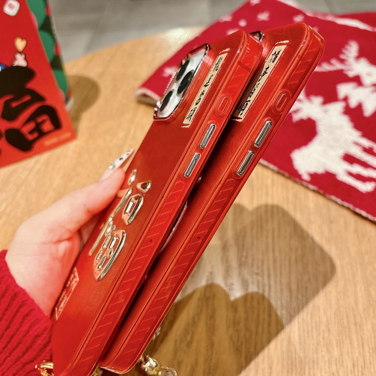 Funda para iPhone 15 Pro Max Get Rich Diseño Año Nuevo Estampado Dorado 3D Imd Cadena de Cristal