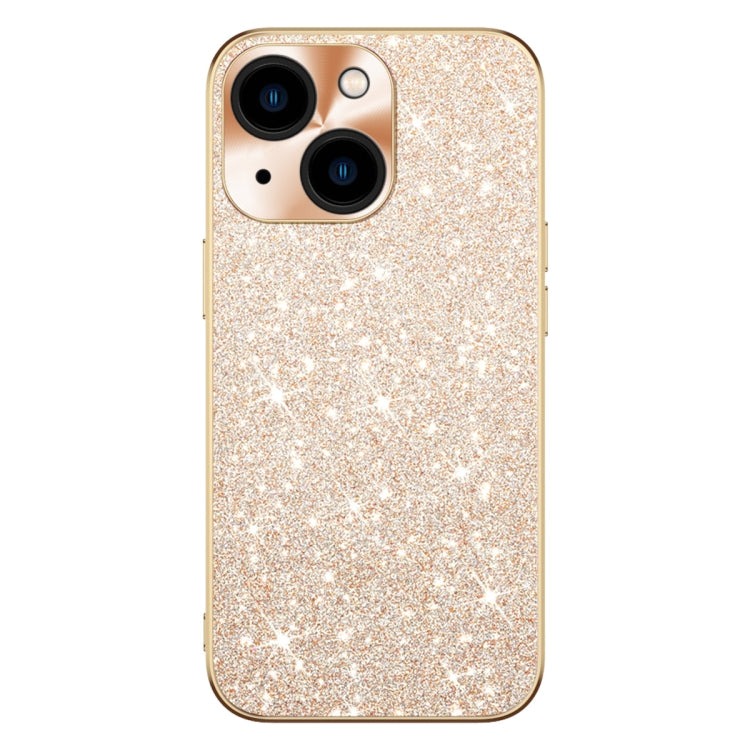 Estuche para Teléfono iPhone 14 Anillo de Lente Textura Cd Diamante Estrellado Galvanizado (Dorado)