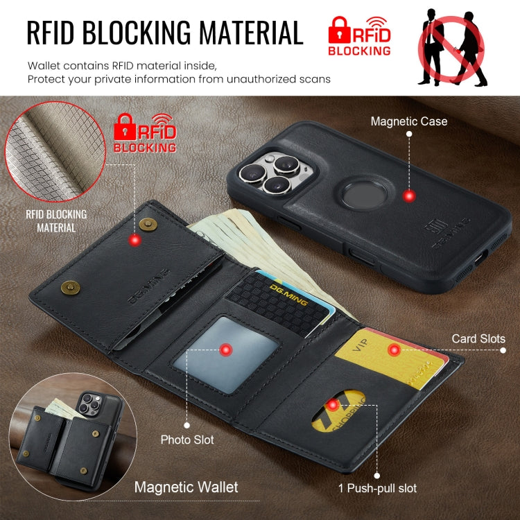Funda de Cuero Extraíble para iPhone 16 Pro Max Dg.Ming M6 Series Rfid con Tres Pliegues para Tarjetas (Negro)