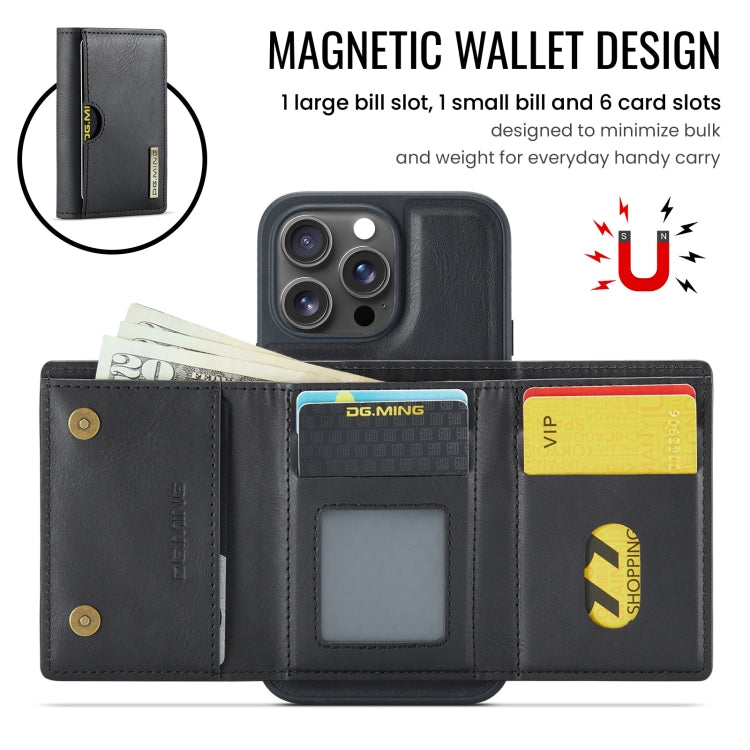Funda de Cuero Extraíble para iPhone 16 Pro Max Dg.Ming M6 Series Rfid con Tres Pliegues para Tarjetas (Negro)