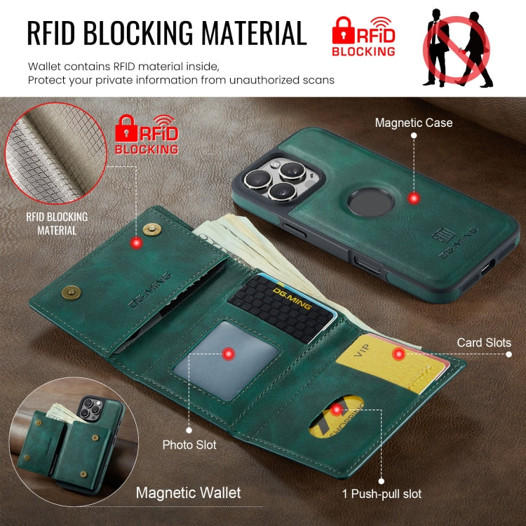 Funda de Cuero Extraíble para iPhone 16 Pro Max Dg.Ming M6 Series Rfid con Tres Pliegues para Tarjetas (Verde)