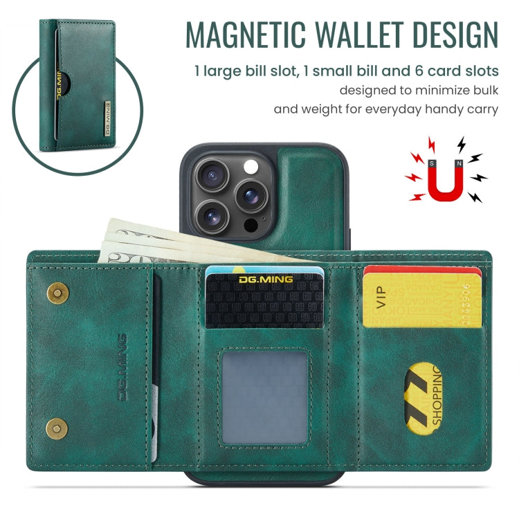 Funda de Cuero Extraíble para iPhone 16 Pro Max Dg.Ming M6 Series Rfid con Tres Pliegues para Tarjetas (Verde)