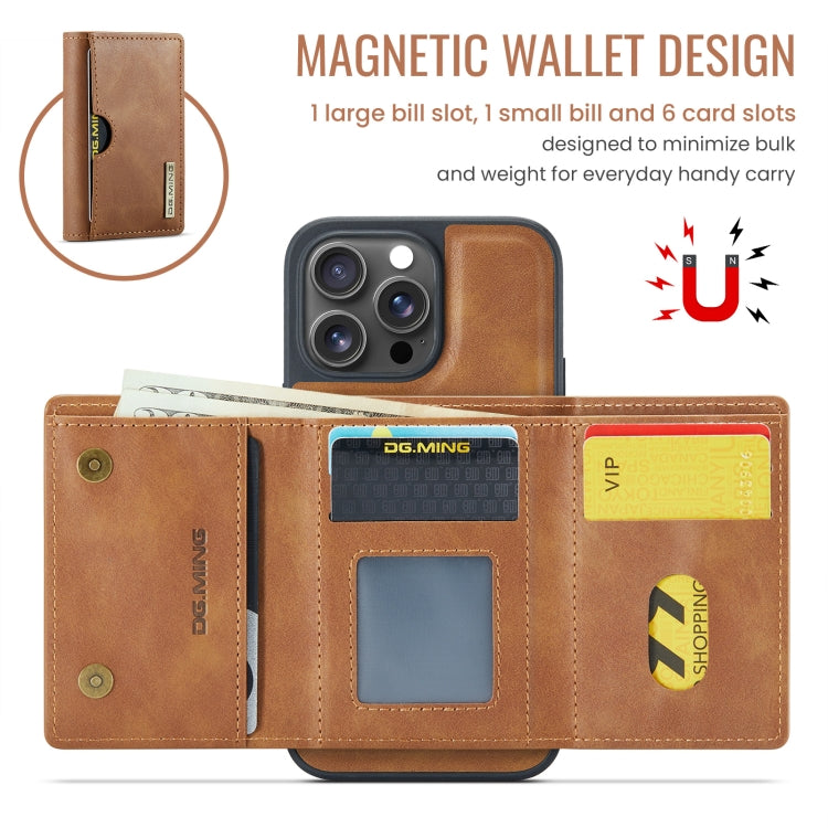 Funda de Cuero Extraíble para iPhone 16 Pro Serie Dg.Ming M6 con Tarjetero Rfid de Tres Pliegues (Marrón)