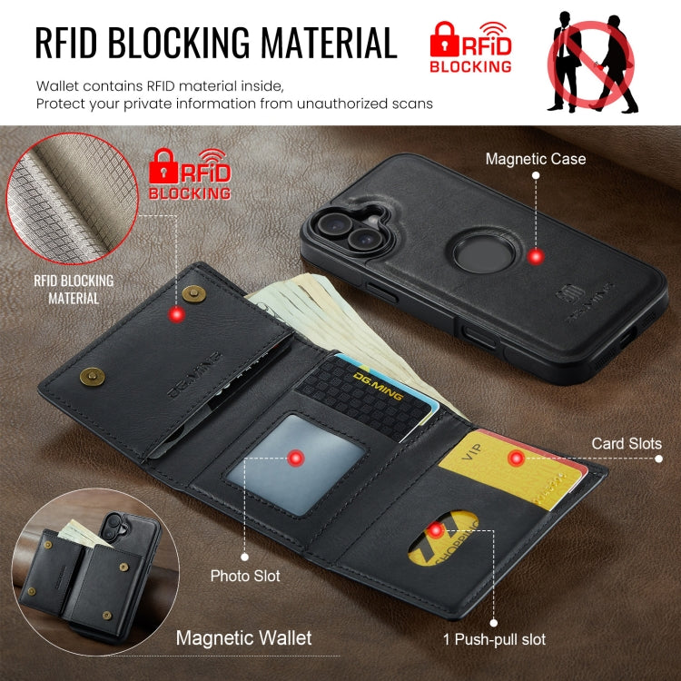 Funda de Cuero Extraíble Dg.Ming M6 para iPhone 16 Plus con Tarjetero Rfid Tres Pliegues (Negro)