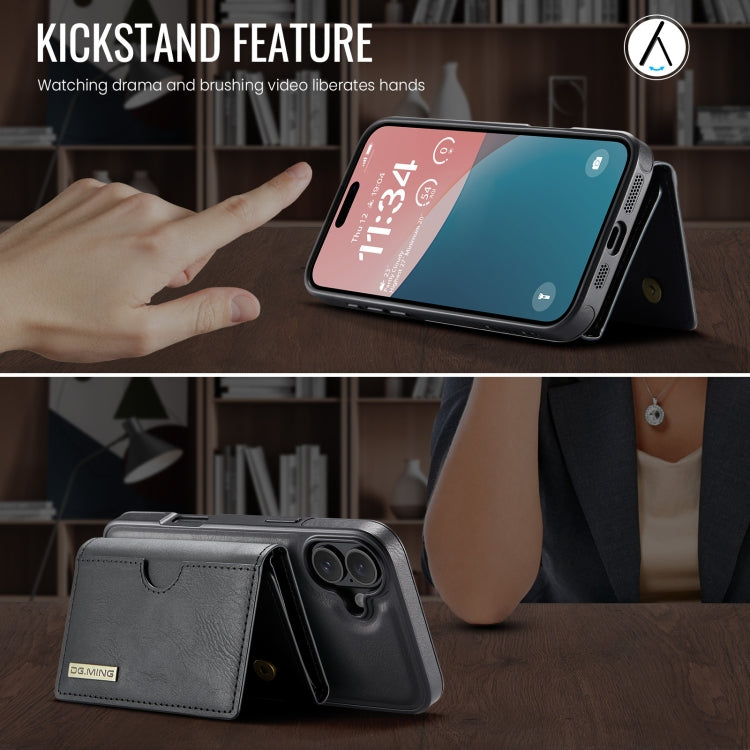 Funda de Cuero Extraíble Dg.Ming M6 para iPhone 16 Plus con Tarjetero Rfid Tres Pliegues (Negro)