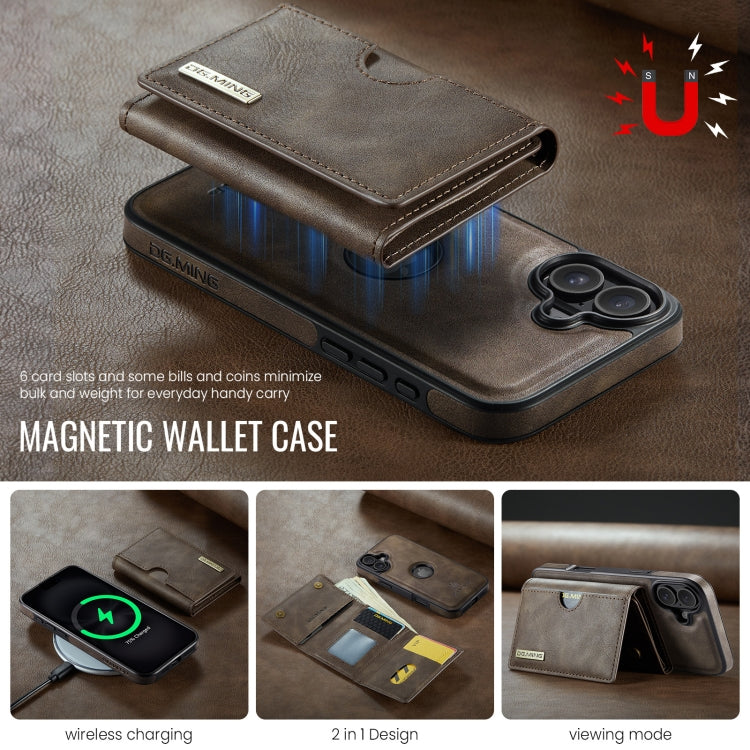 Funda de Cuero Extraíble para iPhone 16 Plus Dg.Ming M6 con Tarjetero Rfid de Tres Pliegues (Café)
