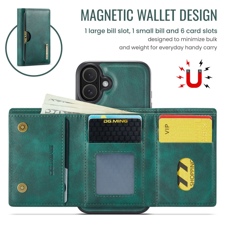 Funda de Cuero Extraíble para iPhone 16 Plus Dg.Ming M6 con Tarjetero Rfid Tres Pliegues (Verde)