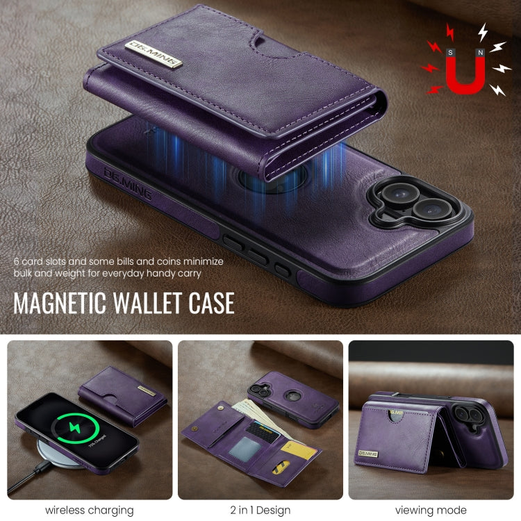Funda de Cuero Extraíble para iPhone 16 Plus Serie Dg.Ming M6 con Tarjetero Rfid de Tres Pliegues (Morado)