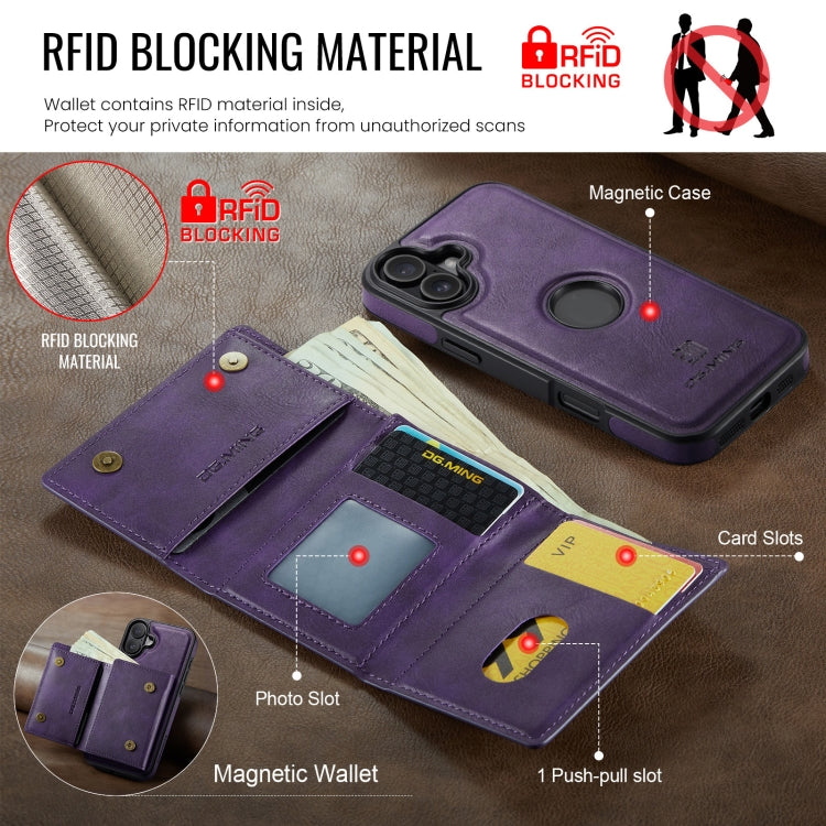 Funda de Cuero Extraíble para iPhone 16 Plus Serie Dg.Ming M6 con Tarjetero Rfid de Tres Pliegues (Morado)