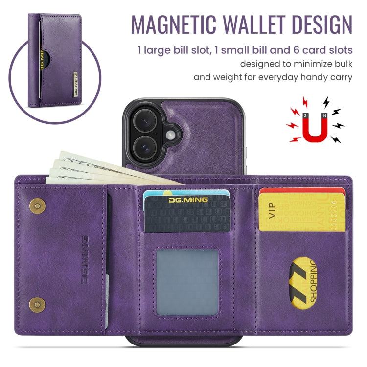 Funda de Cuero Extraíble para iPhone 16 Plus Serie Dg.Ming M6 con Tarjetero Rfid de Tres Pliegues (Morado)