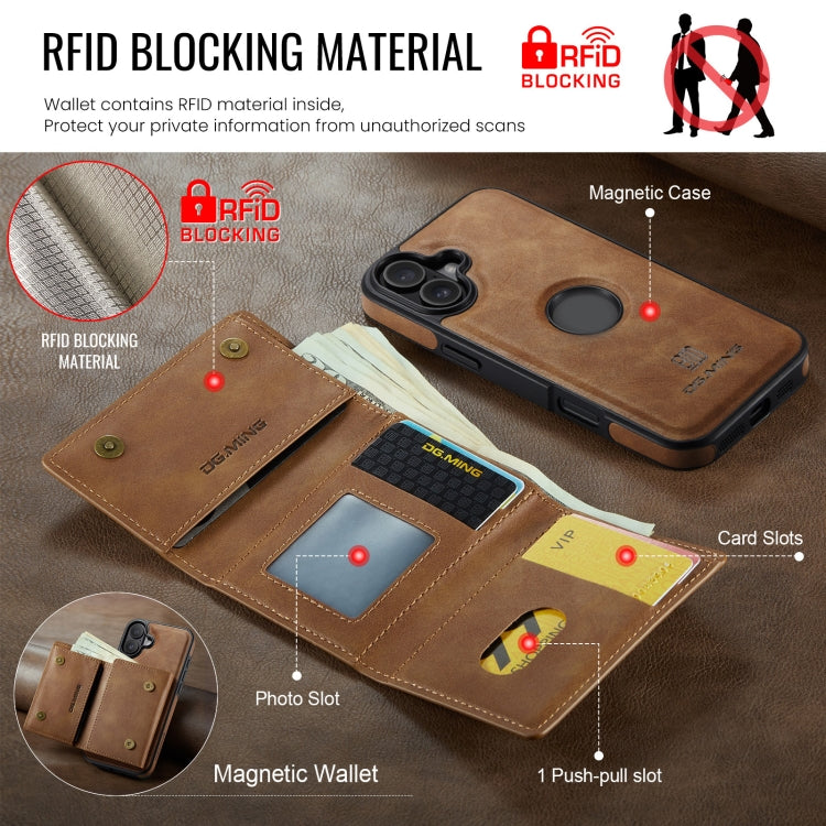 Funda de Cuero Extraíble para iPhone 16 Serie Dg.Ming M6 con Tarjetero Rfid de Tres Pliegues (Marrón)