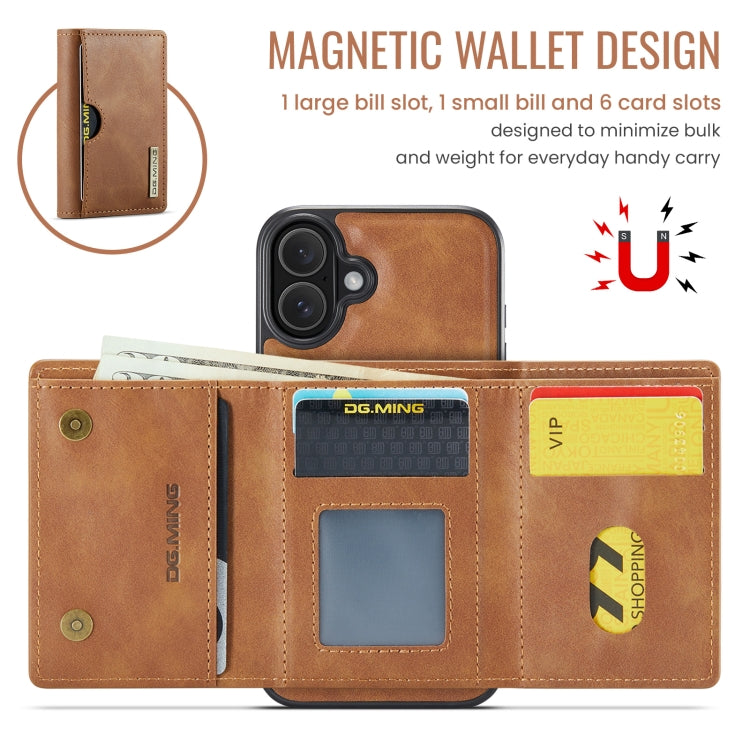 Funda de Cuero Extraíble para iPhone 16 Serie Dg.Ming M6 con Tarjetero Rfid de Tres Pliegues (Marrón)