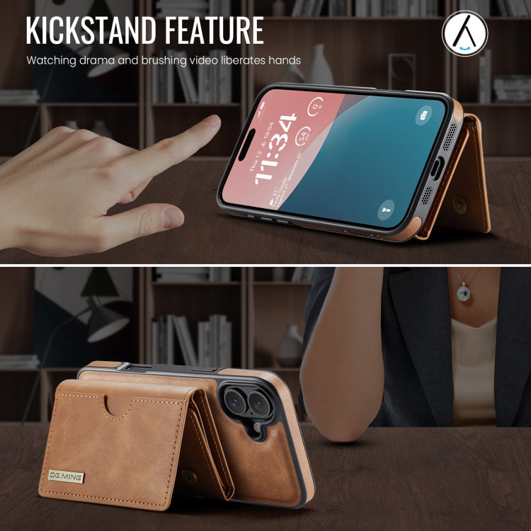 Funda de Cuero Extraíble para iPhone 16 Serie Dg.Ming M6 con Tarjetero Rfid de Tres Pliegues (Marrón)