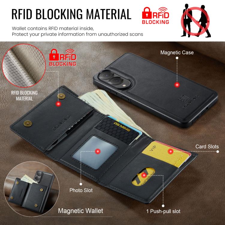 Funda de cuero extraíble con tres pliegues RFID para Samsung Galaxy S25 Edge 5G DG.MING M6 Series (negro)