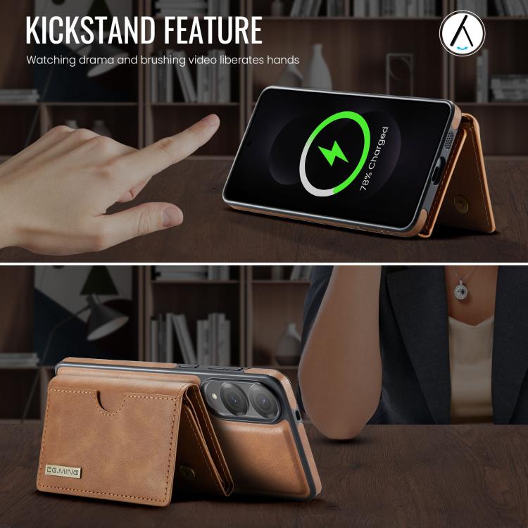 Funda de cuero extraíble para Samsung Galaxy S25 Edge 5G, serie DG.MING M6, con tarjetero RFID de tres pliegues (marrón)