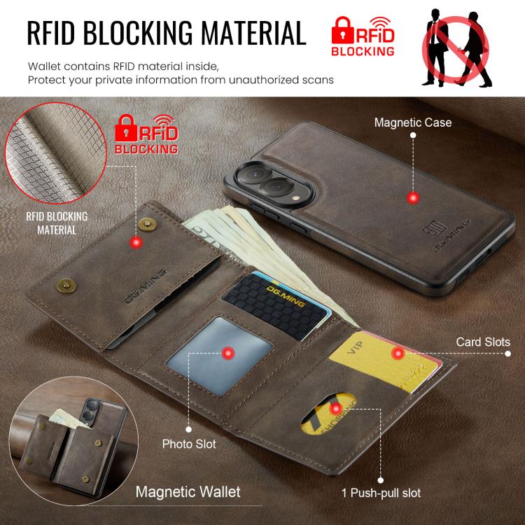 Funda de cuero extraíble para Samsung Galaxy S25 Edge 5G, serie DG.MING M6, con tarjetero RFID de tres pliegues (café)