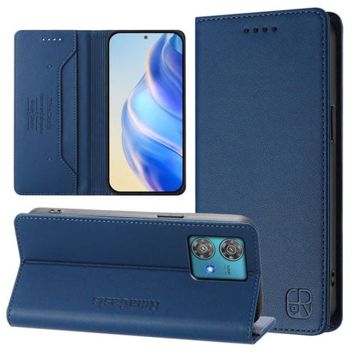 Funda de Cuero Motorola Edge 40 Neo Rc01 con Doble Pliegue y Succión Magnética (Azul Oscuro)