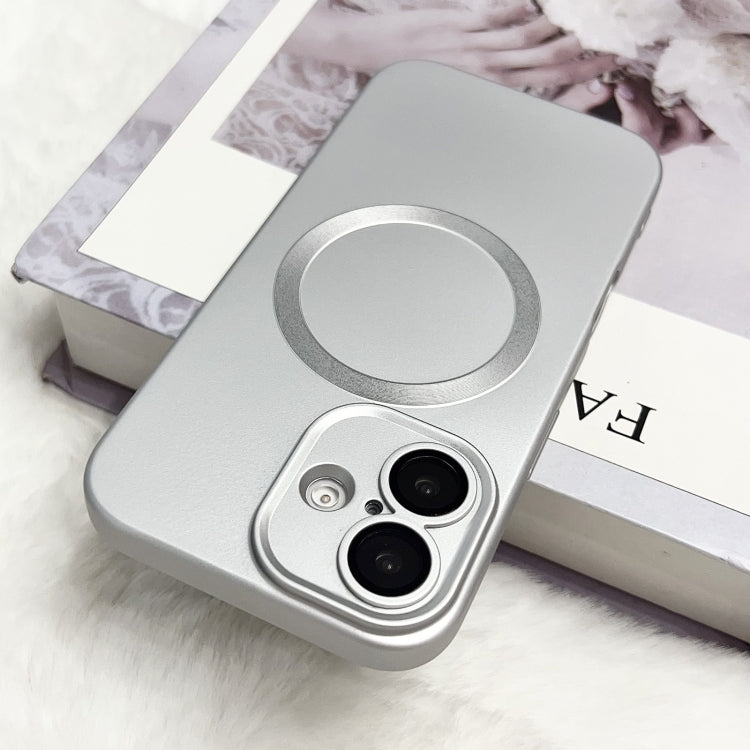Funda para Teléfono TPU Magsafe iPhone 16 Plus Textura Cd Pintura Metalizada (Plateada)