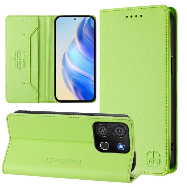 Funda de Cuero Rfid para Teléfono Itel A05S Rc01 con Doble Pliegue y Succión Magnética (Verde Hierba)