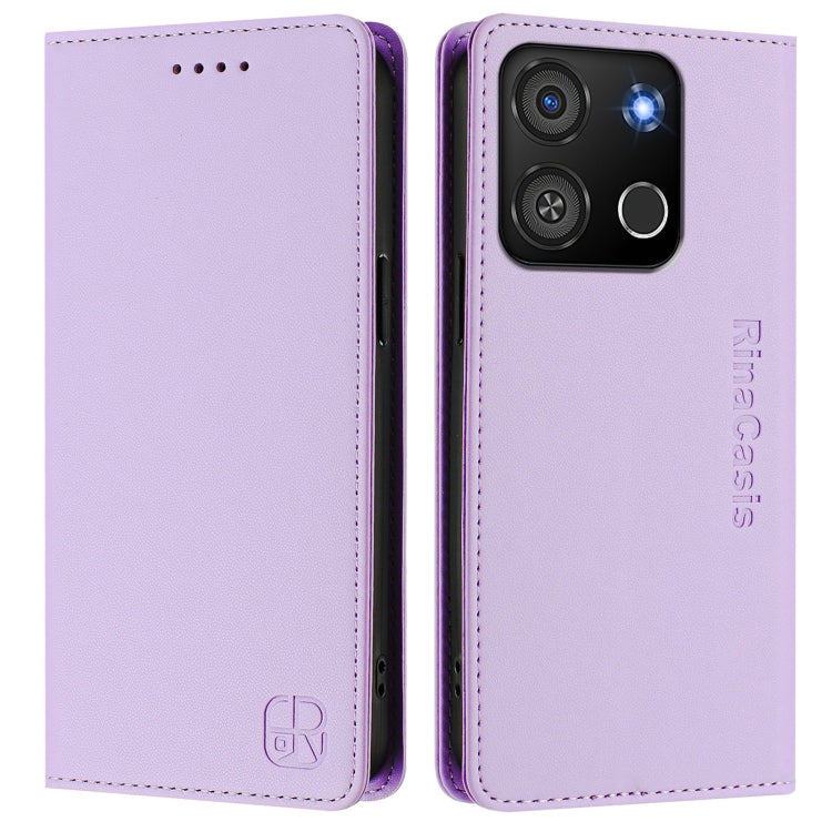 Funda de Cuero Rfid para Teléfono Itel A05S Rc01 con Doble Pliegue y Succión Magnética (Morado Claro)