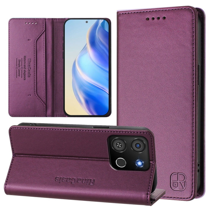 Funda de Cuero Rfid para Teléfono Itel A05S Rc01 con Doble Pliegue y Succión Magnética (Violeta)