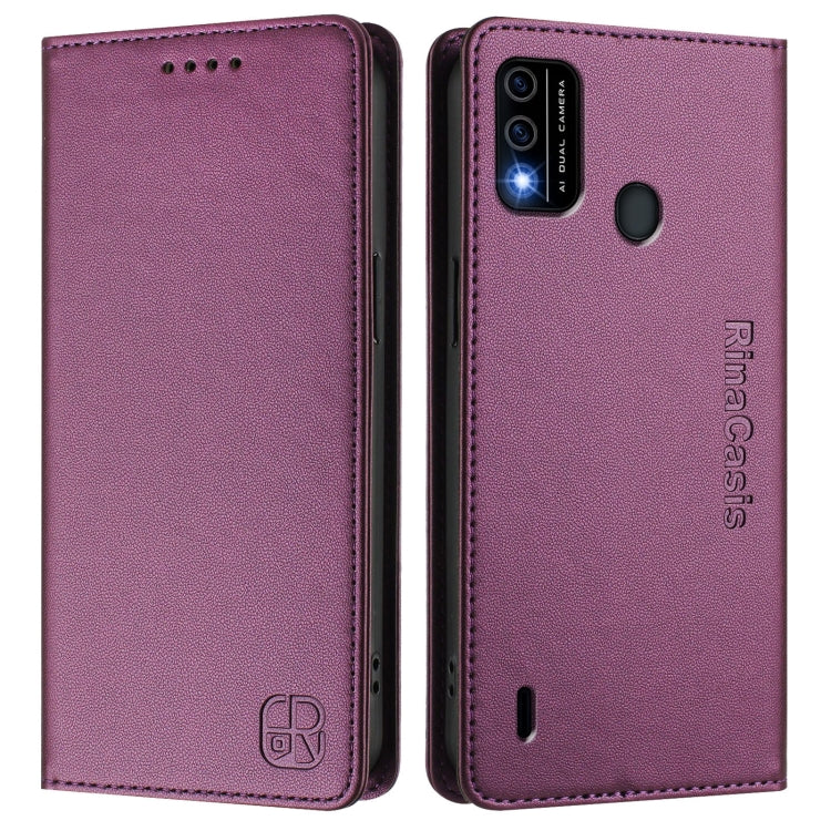 Funda de Cuero Rfid para Teléfono Itel A48 Rc01 con Doble Pliegue y Succión Magnética (Violeta)