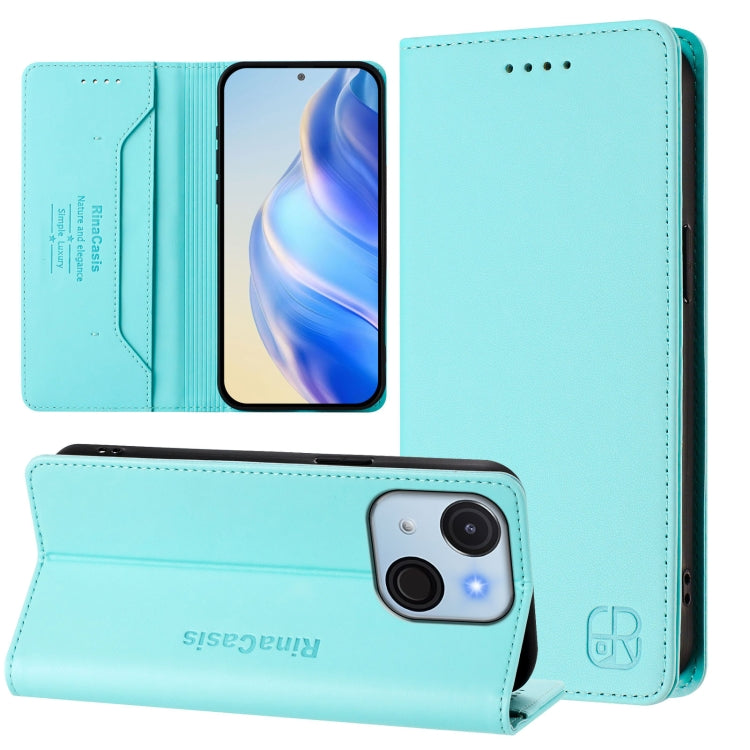 Funda de Cuero Rfid para Teléfono Itel A50C Rc01 con Doble Pliegue y Succión Magnética (Verde Menta)