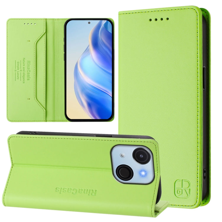 Funda de Cuero Rfid para Teléfono Itel A50C Rc01 con Doble Pliegue y Succión Magnética (Verde Hierba)