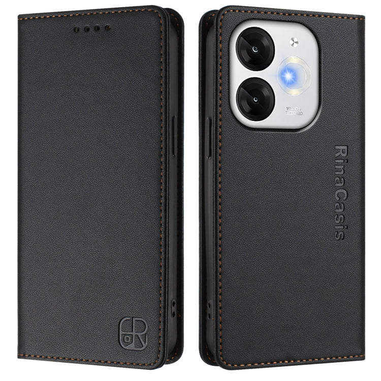 Funda de Cuero Rfid para Teléfono Itel A80 4G Rc01 con Doble Pliegue y Succión Magnética (Negra)