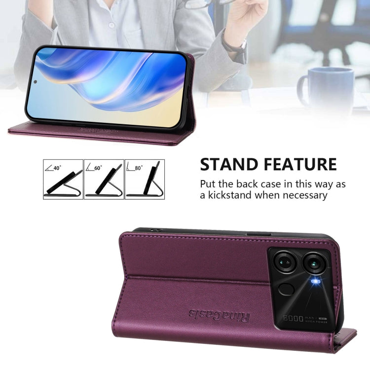 Funda de Cuero Rfid con Doble Pliegue y Succión Magnética para Itel P40 Rc01 (Violeta)